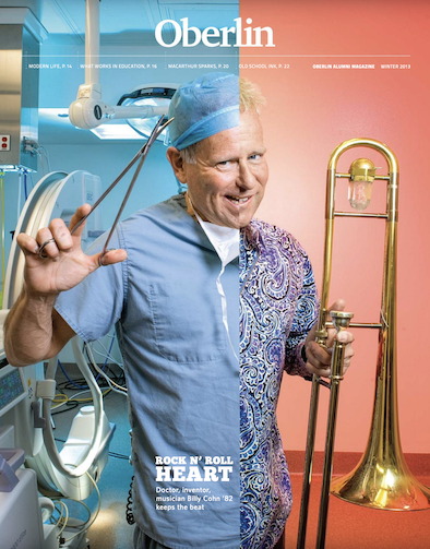 Cover of Oberlin Alumni Magazine Winter 2013, featuring a photo of Billy Cohn '82, the left half is depicting him as a doctor and the right half as a musician.