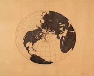 A donut-shaped global map on a tan background.