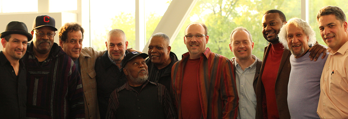 The jazz faculty poses for a group shot at Marcus Belgrave's retirement party. Photo by Will Roane.
