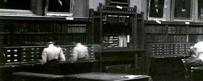 Photo of the first card catalog in the Spear Library