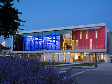 The Hotel at Oberlin under a clear, dusky blue sky.