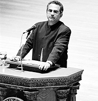 At the podium