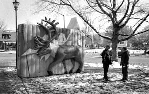 Photo of an inflatable caribou brought to campus to protest oil drilling in Alaska